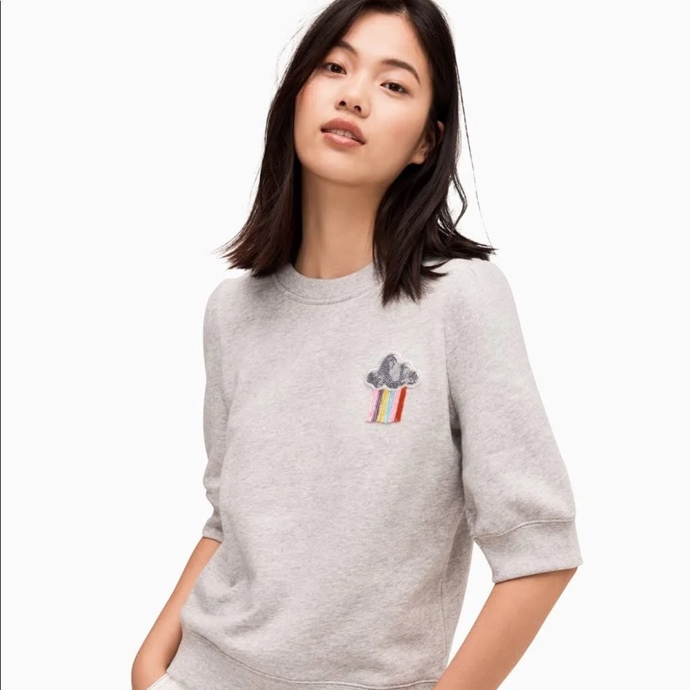 Kate Spade Rain or Shine Sweatshirt Beaded Rainbow Cloud Raincloud Women XS Gray